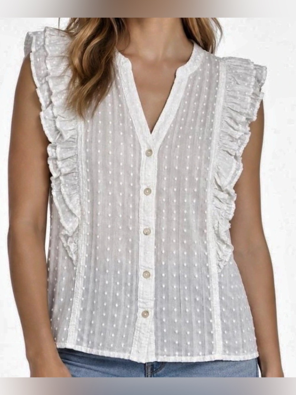 Anthropologie Pilcro White Swiss Dot Metallic Stripe Ruffle Blouse